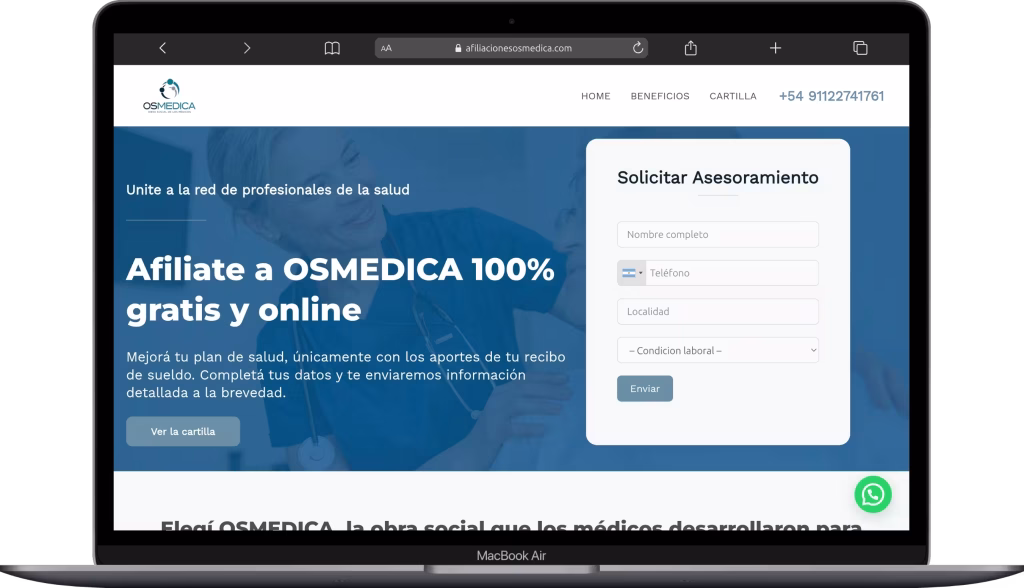 Mock de landing page de profesionales de la salud