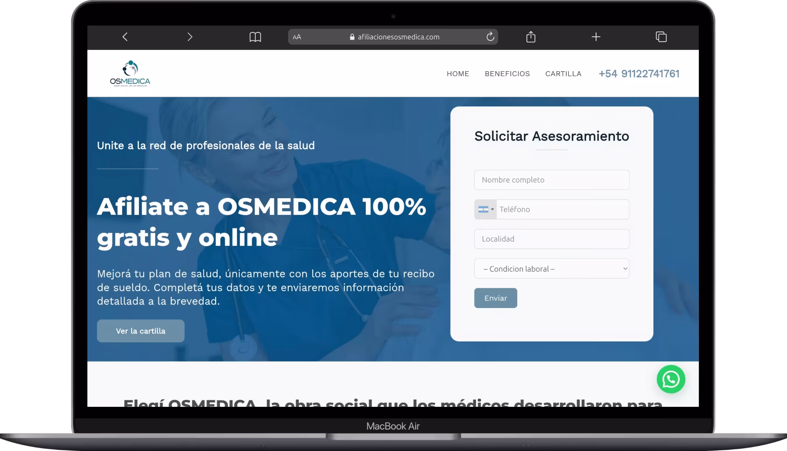 Mock de landing page de profesionales de la salud